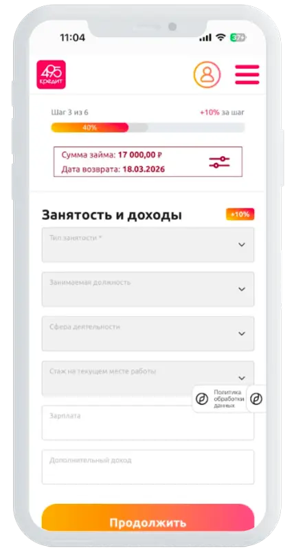 Данные о доходах в 495 Кредит